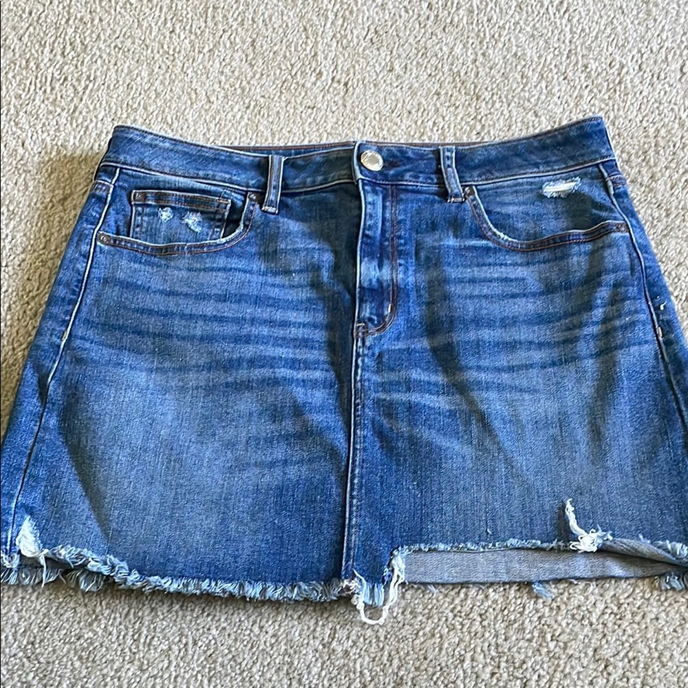 American Eagle Blue Denim Skirt with Frayed Hem